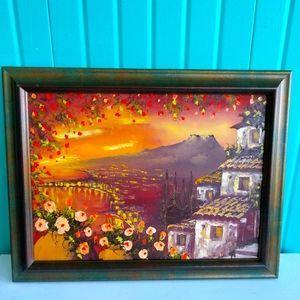 Vintage Framed Original 13 X 17 Naples Italy Sunset Coastal Oil Painting.